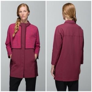 Lululemon Cocoon Car Coat in a magenta and maroon color-block design size S